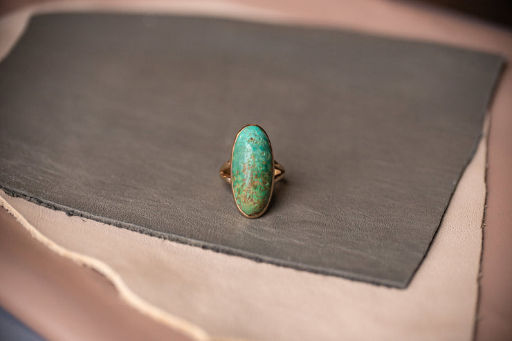 Victorian 10k 17.46 CT Natural Ombré Rustic Turquoise Cabochon Ring in Rosy Gold Split Shank Setting