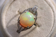 Rare Art Deco Opal and Diamond Conversion Ring with Repurposed Pavé Platinum Wrist Watch Case