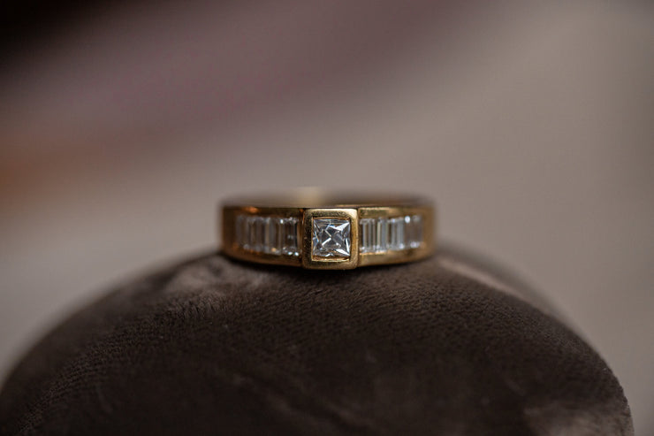 Vintage 18k 0.80 CTW Square Bezel Set French Cut and Baguette Diamond Minimalist Engagement Ring