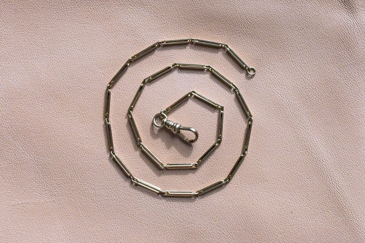 Edwardian 14k White Gold Geometric Handwrought Bar Link Pocket Watch Chain