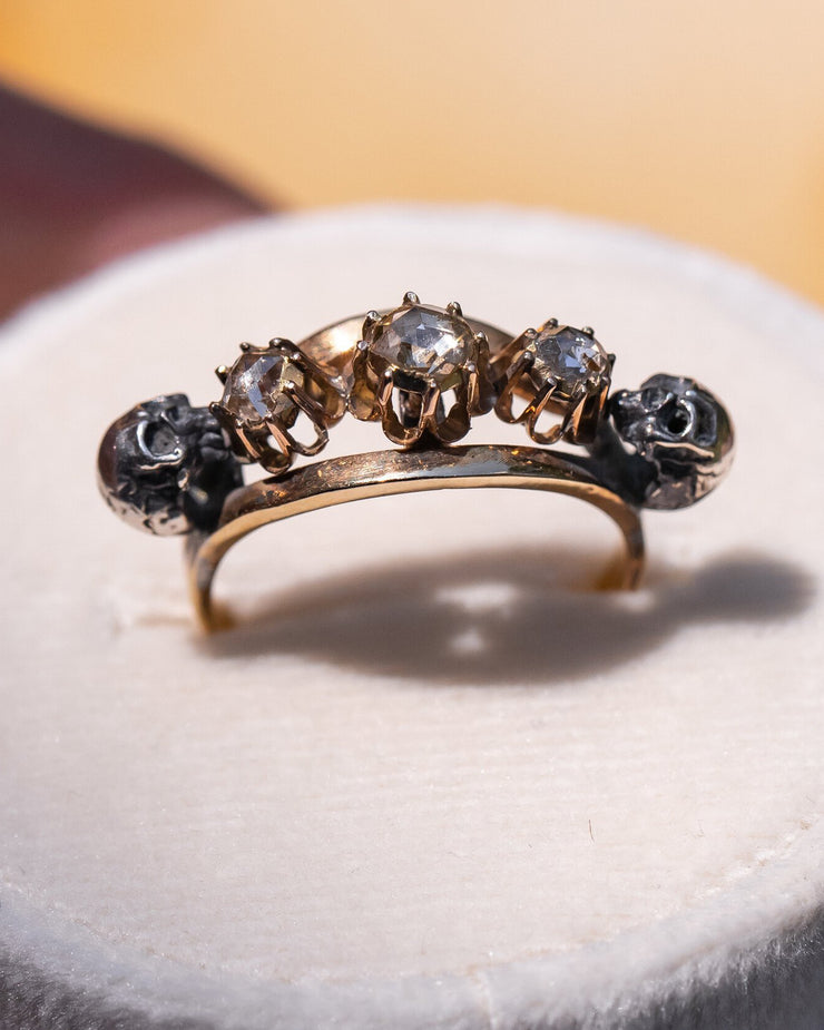Antique 14k Rose Cut Diamond Trilogy Ring with Twin Silver Skulls in the Memento Mori Style