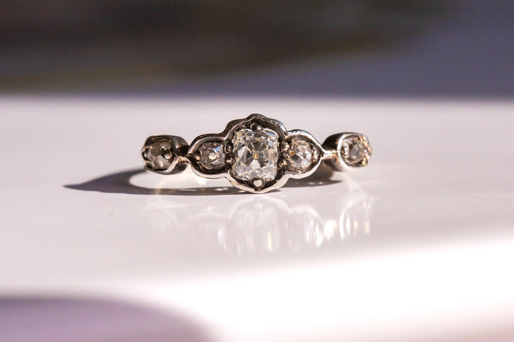 Very Early Victorian, c. 1840 Silver over 18k 0.70 CTW Old Mine Five Stone Diamond Ring