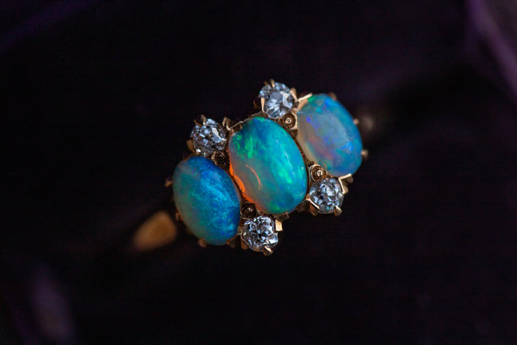 Edwardian 14k 1.03 CTW Old Mine Cut and Opal Trilogy Ring in Claw Prong Mount
