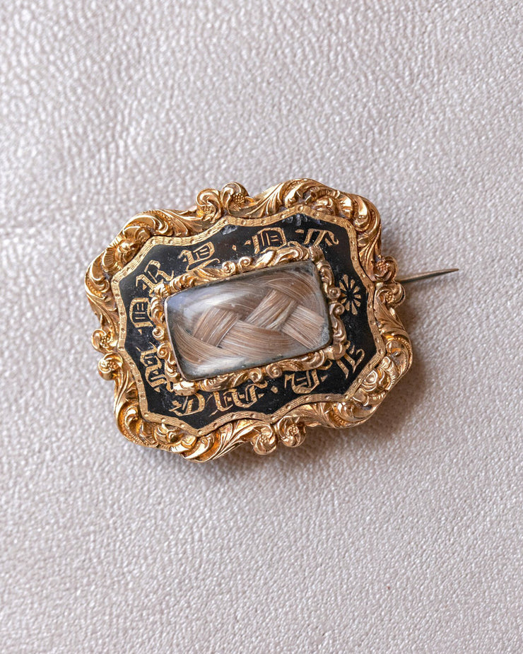 Georgian 14k Hairwork Mourning Brooch with Scrolling High Relief Floral Halo and Rear Inscription