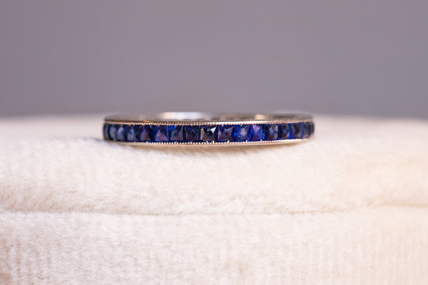 Art Deco 18k 1.14 CTW French Calibre Cut Sapphire Eternity Band with Foliate