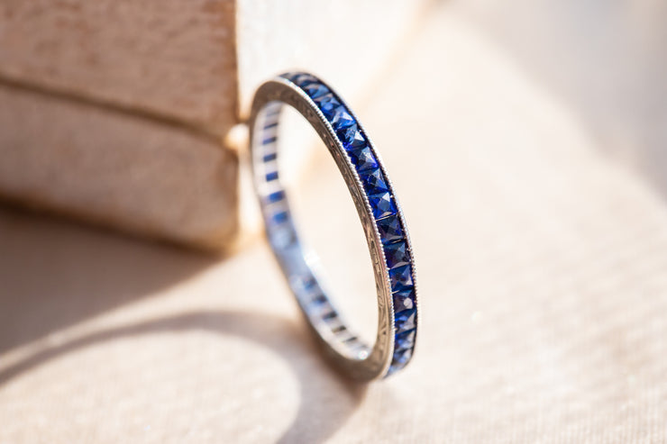 Art Deco 18k 1.14 CTW French Calibre Cut Sapphire Eternity Band with Foliate Engraving