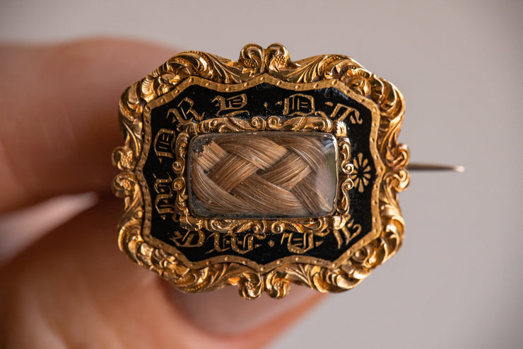 Georgian 14k Hairwork Mourning Brooch with Scrolling High Relief Floral Halo and Rear Inscription