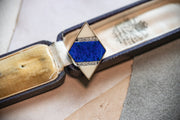 Vintage 14k 4.27 CTW Lapis Lazuli, White Agate and Diamond Inlaid Kite Ring with Florentine Finish