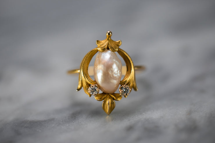 Art Nouveau 10k 2.46 CTW Pink Baroque Pearl Ring in Lotus Foliate Setting with Moissanite Accents