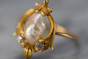 Art Nouveau 10k 2.46 CTW Pink Baroque Pearl Ring in Lotus Foliate Setting with Moissanite Accents