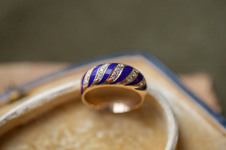 Vintage 14k Warm Yellow Gold 0.30 CTW VVS2 Diamond Domed Band with Blue Enamel in the Victorian Revival Style