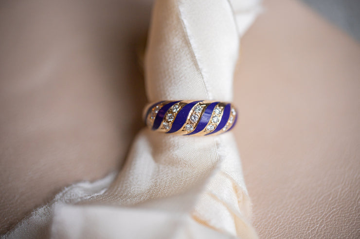 Vintage 14k Warm Yellow Gold 0.30 CTW VVS2 Diamond Domed Band with Blue Enamel in the Victorian Revival Style