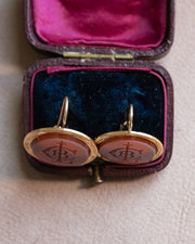 Victorian 18k 11.40 CT Sardonyx Monogram Earrings in Etched Bezel Settings