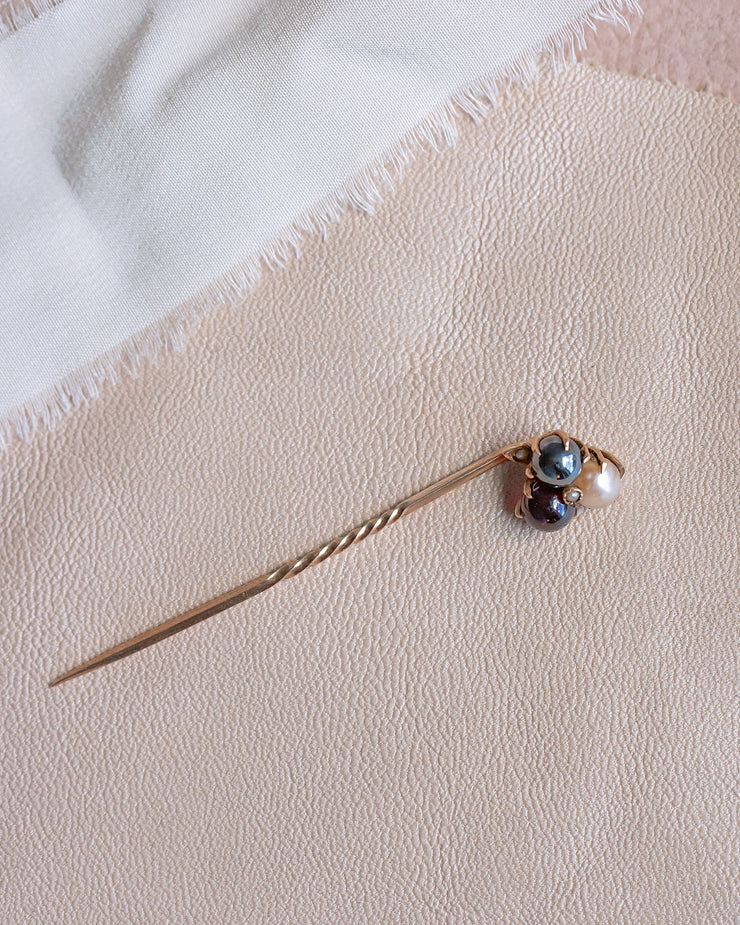 Victorian 14k Rosy Gold 4.60 CTW Pearl, Hematite & Garnet Shamrock Stick Pin with Claw Prong Setting