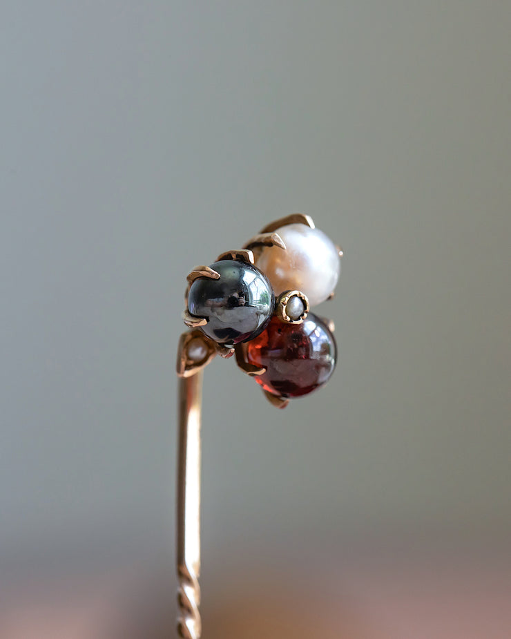 Victorian 14k Rosy Gold 4.60 CTW Pearl, Hematite & Garnet Shamrock Stick Pin with Claw Prong Setting