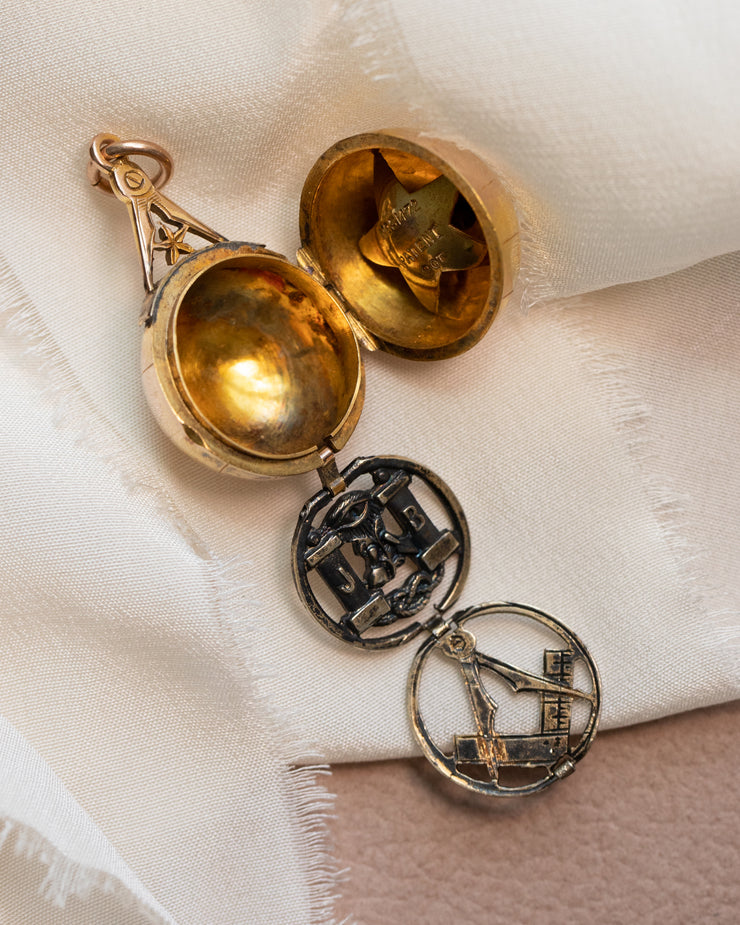 1880s 9k English Masonic Orb Locket Fob with Secret Symbolic Charms Inside