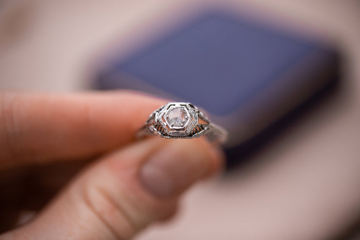 Art Deco 18k Rose Cut Diamond Ring in Hexagonal Domed Floral Openwork Filigree Mount