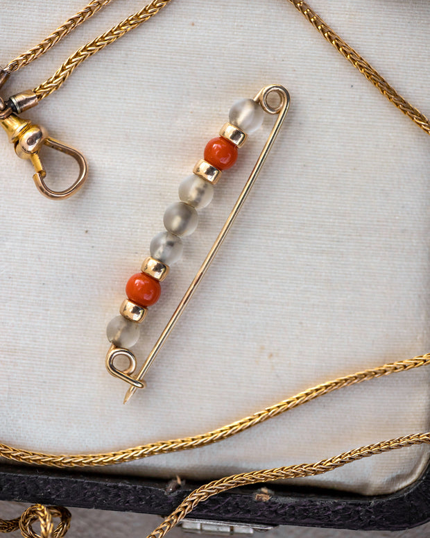 Art Deco 14k 2.76 CTW Rock Crystal, Coral & Gold Bead Safety Pin