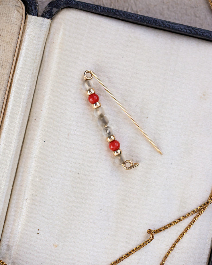 Art Deco 14k 2.76 CTW Rock Crystal, Coral & Gold Bead Safety Pin