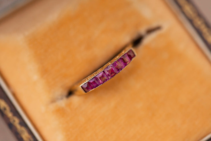 Early Art Deco 16k 0.45 CTW Square Step Cut Ruby Band with Engraved Foliation