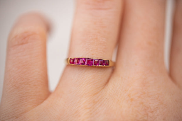 Early Art Deco 16k 0.45 CTW Square Step Cut Ruby Band with Engraved Foliation