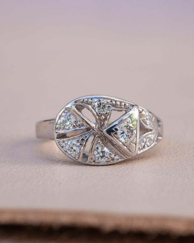 Retro Art Moderne 14k 0.30 CTW Brilliant Cut Diamond Asymmetrical Geometric Paisley Ring