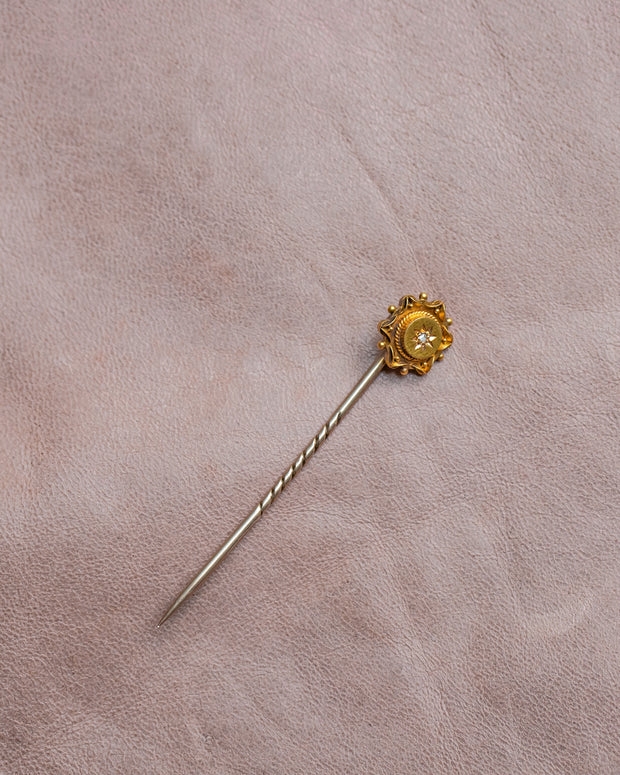 Victorian 1870s 15k 0.01 CT Rose Cut Diamond Stick Pin in the Etruscan Revival Style