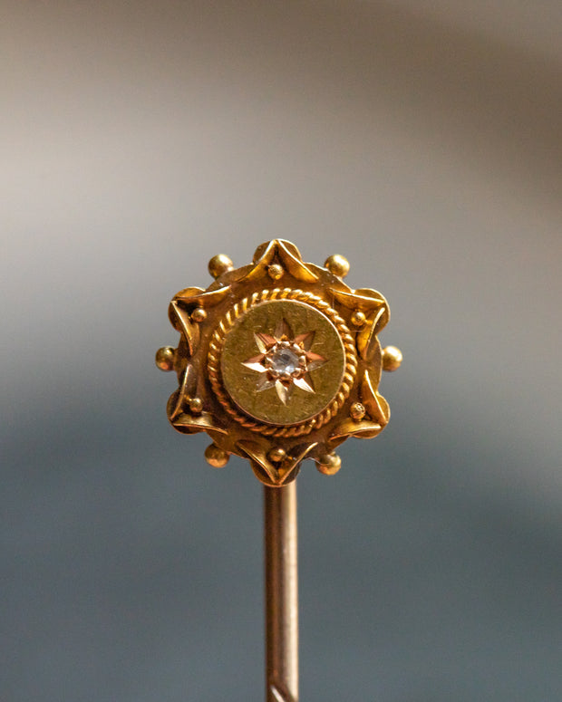 Victorian 1870s 15k 0.01 CT Rose Cut Diamond Stick Pin in the Etruscan Revival Style