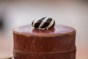 Vintage 1980s Modernist 10k 9.02 CTW Diamond and Carved Onyx Domed "Croissant" Ring