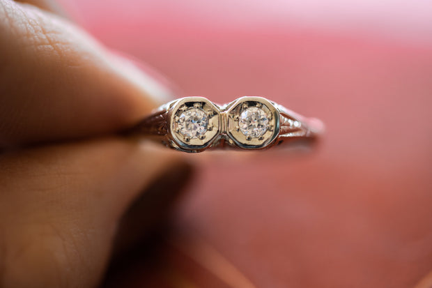 Edwardian 18k F VS1 0.22 CTW Old European Cut Diamond Toi et Moi Married Ring with Floral Butterfly Filigree