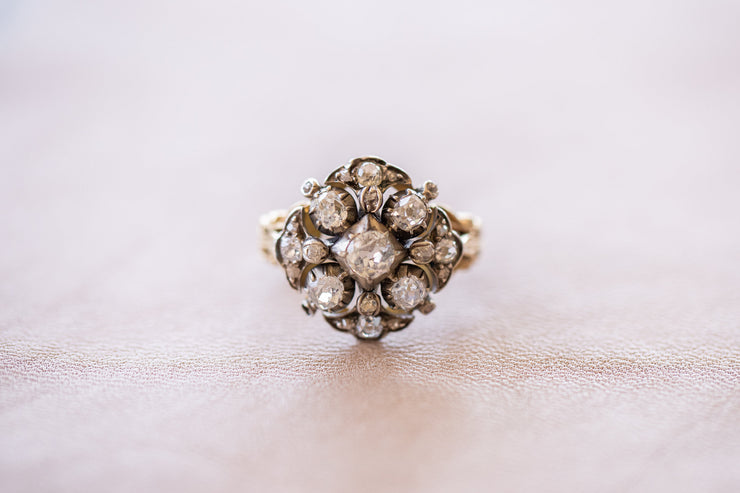 French Mid Victorian-Inspired Sterling and 18k-22k 1.90 CTW Old Mine and Rose Cut Diamond Cluster Ring