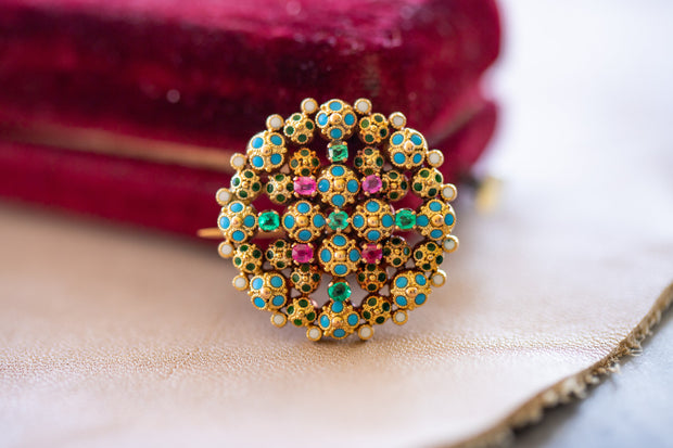 1870s 18k, 14k 0.38 CTW Emerald & Ruby Revival Style Enamel Brooch in the Manner of Fortunato Pio Castellani & Sons