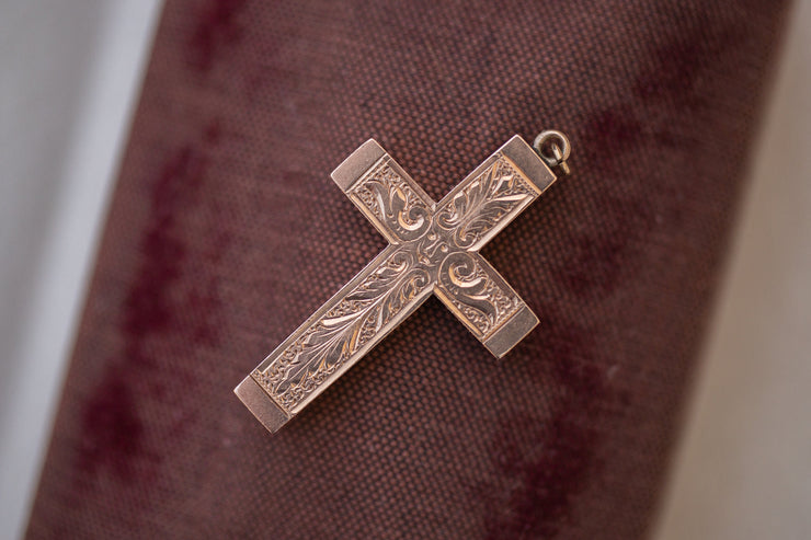 Victorian 10k Rose Gold Engraved Cross with Green Man Face & Acanthus Blooms