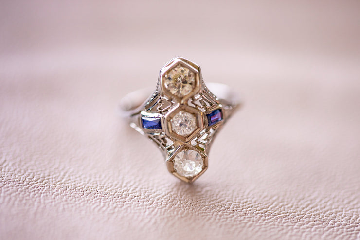 Edwardian 18k 0.91 CTW Old European Cut Diamond & Sapphire Shield Style Cocktail Ring with Greek Key Motif