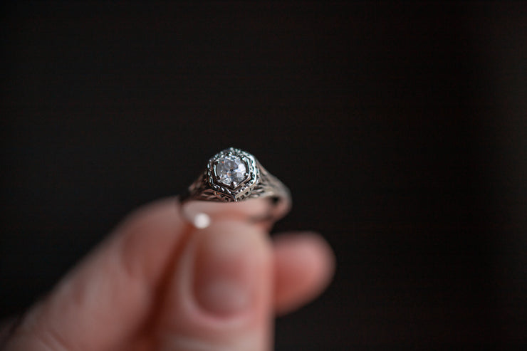 Edwardian 18k 0.60 CT Icy White Speckled Old European Cut Diamond Engagement Ring in Webbed Floral Filigree Mount