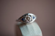 Art Deco 18k 0.75 CTW Champagne Salt and Pepper Diamond and Sapphire Filigree Engagement Ring