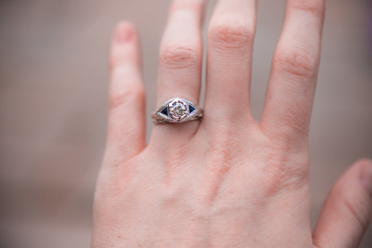 Art Deco 18k 0.75 CTW Champagne Salt and Pepper Diamond and Sapphire Filigree Engagement Ring