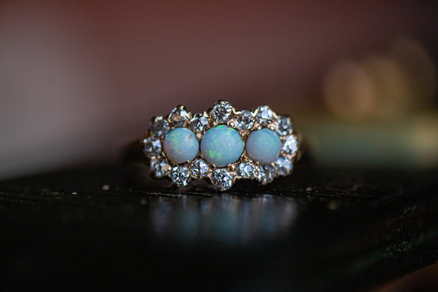 Edwardian 14k Rose Gold 1.01 CTW Opal Three Stone Claw Prong Ring with G/VS Old Cut Diamond Halo