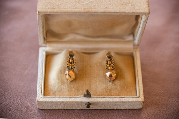 Victorian 14k Gold Etruscan Revival Style Geometric Drop Earrings with Non-Pierced Screw Backs