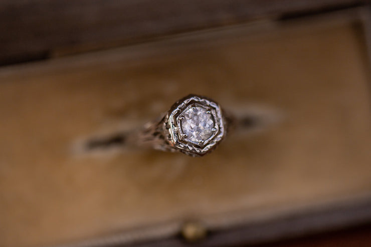 Edwardian 18k 0.60 CT Icy White Speckled Old European Cut Diamond Engagement Ring in Webbed Floral Filigree Mount