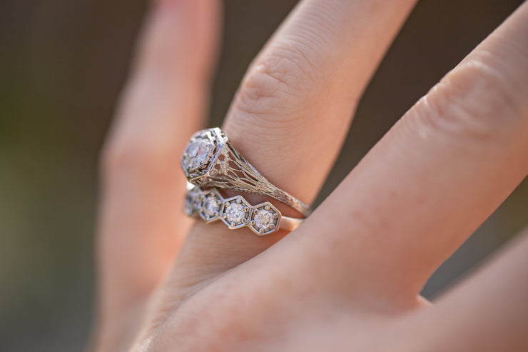 Edwardian 18k 0.60 CT Icy White Speckled Old European Cut Diamond Engagement Ring in Webbed Floral Filigree Mount