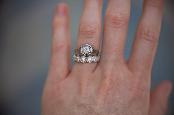 Edwardian 18k 0.60 CT Icy White Speckled Old European Cut Diamond Engagement Ring in Webbed Floral Filigree Mount