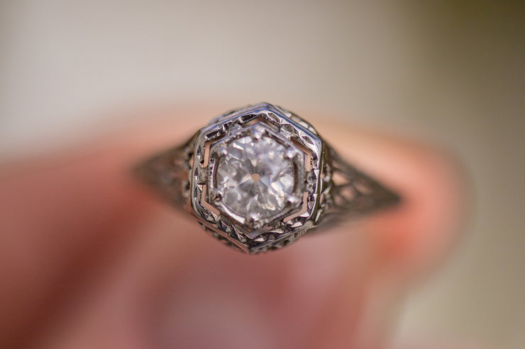 Edwardian 18k 0.60 CT Icy White Speckled Old European Cut Diamond Engagement Ring in Webbed Floral Filigree Mount