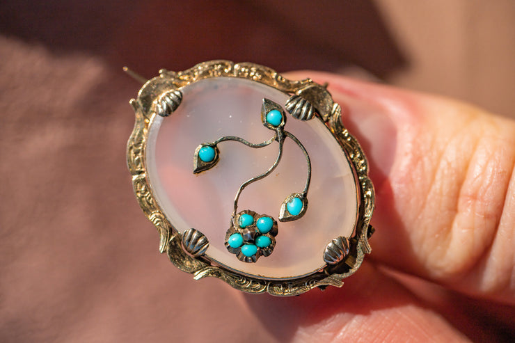 1860s 10k 16.87 CTW Chalcedony Agate and Turquoise Mourning Brooch