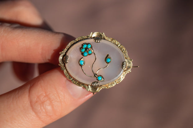 1860s 10k 16.87 CTW Chalcedony Agate and Turquoise Mourning Brooch