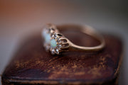 Edwardian 14k Rose Gold 1.01 CTW Opal Three Stone Claw Prong Ring with G/VS Old Cut Diamond Halo