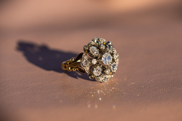 French Mid Victorian-Inspired Sterling and 18k-22k 1.90 CTW Old Mine and Rose Cut Diamond Cluster Ring