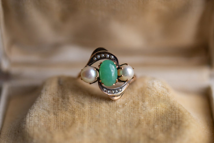 Late Victorian 10k Rose Gold 3.26 CTW Jadeite and Pearl Whirl Style Trilogy Ring