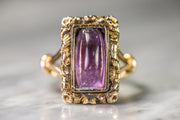 Late Georgian 9k and 14k 2.90 CT Amethyst Sugarloaf Cabochon in Rare High Relief Floral Mourning Conversion Ring