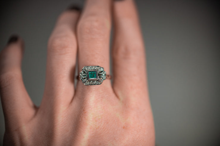 1940s 0.80 CTW Colombian Emerald & Diamond Palladium Ring and Earrings Demi-Parure